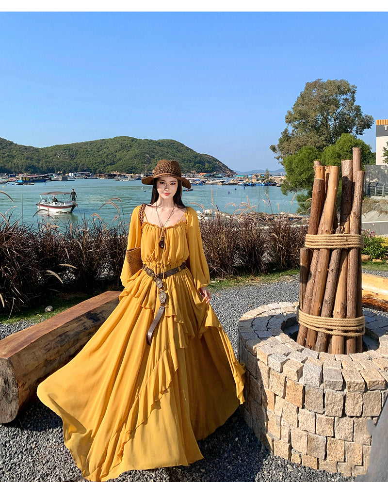 Wild Honey Yellow Boho-Chic Tiered- Long-Sleeve Maxi Dress