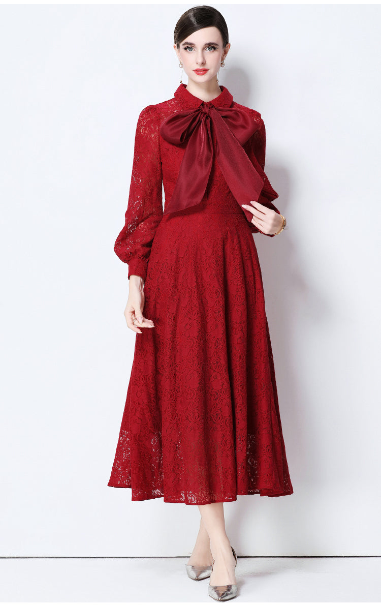 Maroon Floral Lace Midi Dress With Oversized Satin Bow