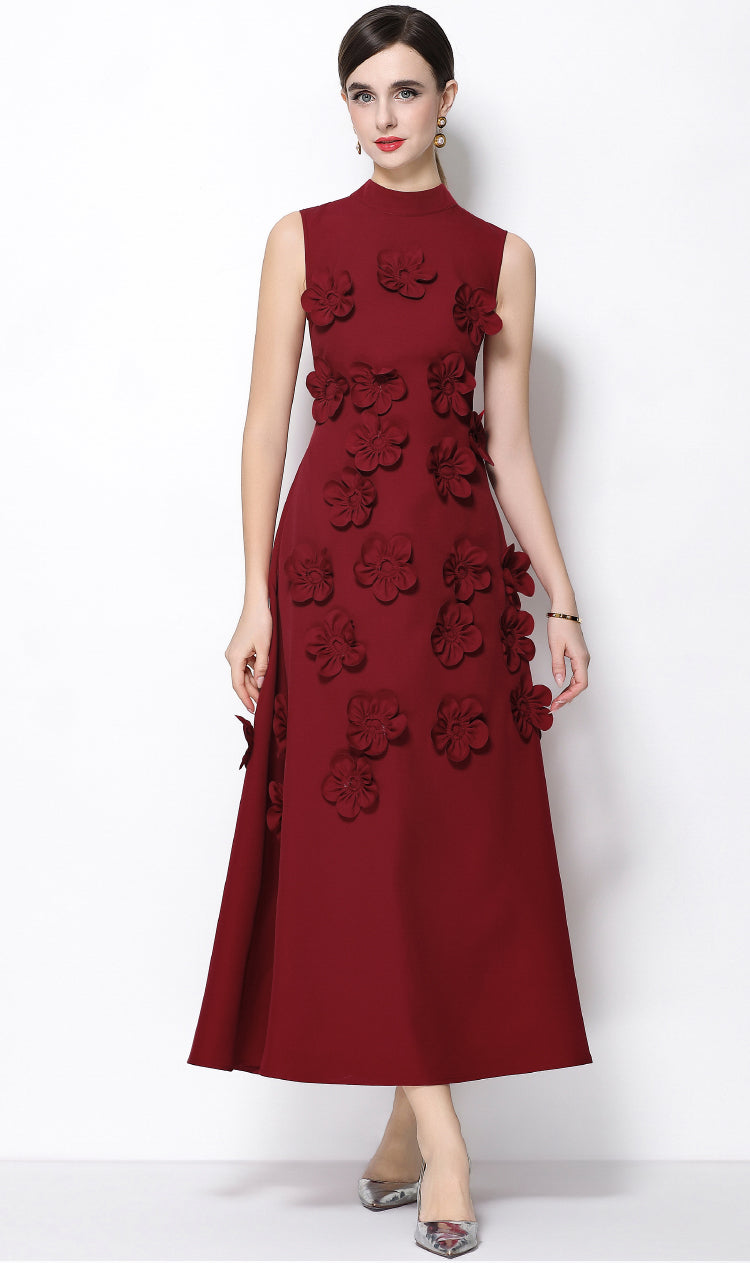 Petal-Encrusted Claret Midi Dress-3D Floral Mock-Neck A-Line
