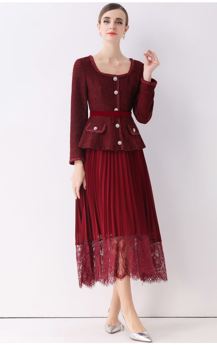 Claret Red Peplum Blazer Fake-two Pleated Lace Midi Set