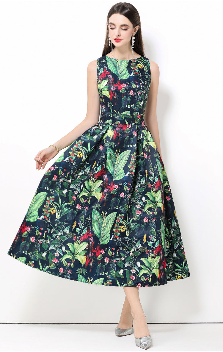 Botanical Print Jacquard A-Line Midi Dress