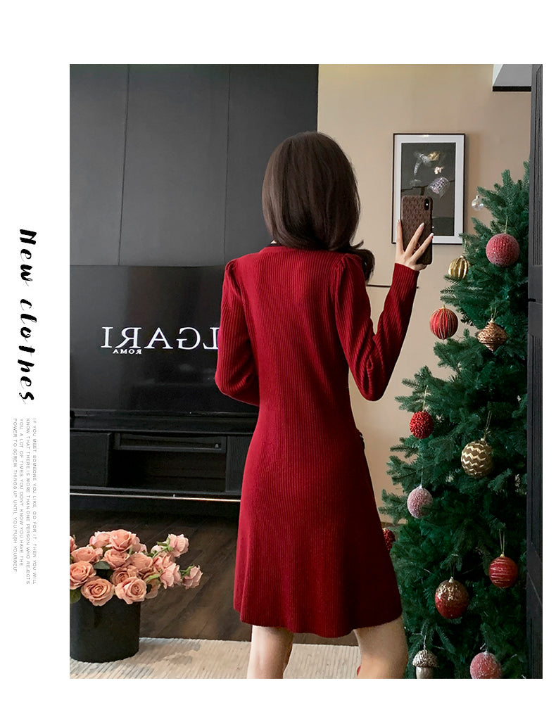 Long Sleeve Button- Down Knit Dress In Crimson