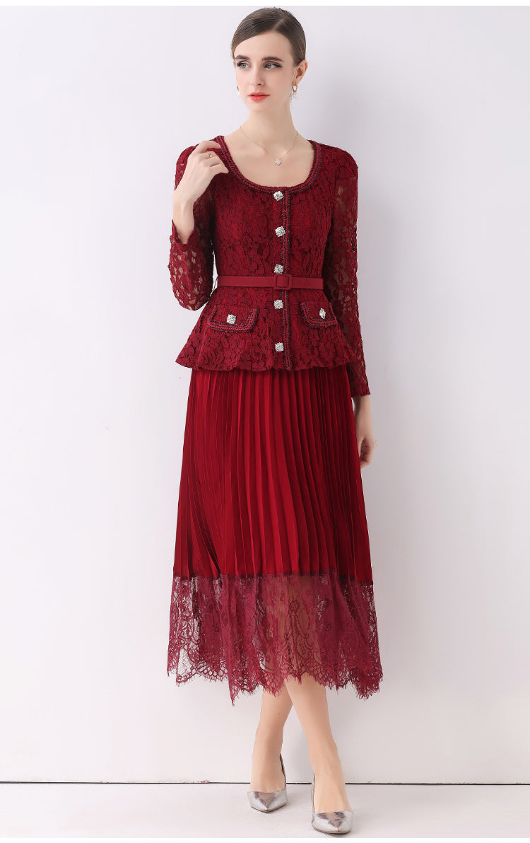Maroon Lace Peplum Midi Fake-two Dress With Pleated Lace-Trim Skirt