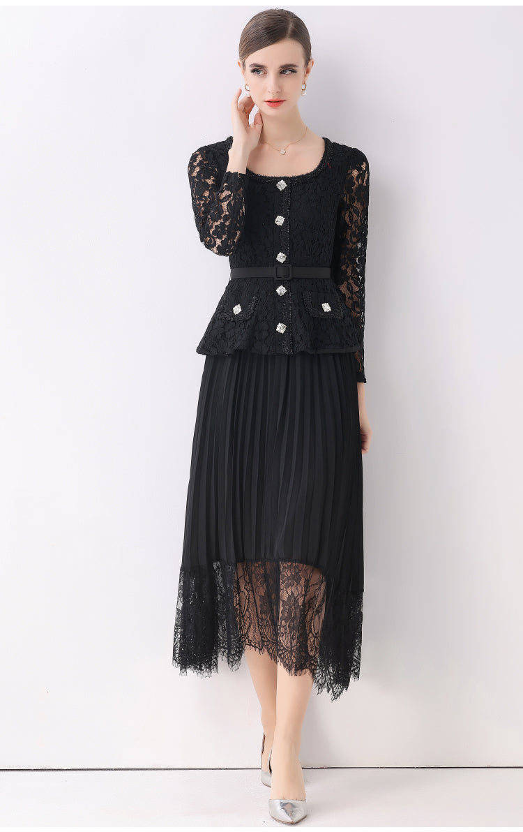 Midnight Lace Peplum Midi Fake-two Dress With Pleated Lace-Trim Skirt