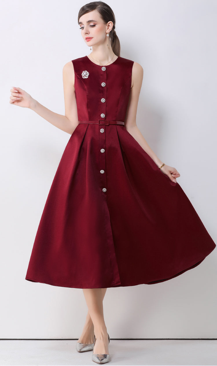 Elena Sleeveless Button-Down Flare Dress In Red