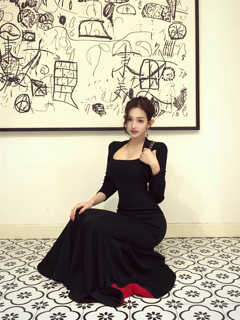 Elegant Black Knit Mermaid Maxi Dress
