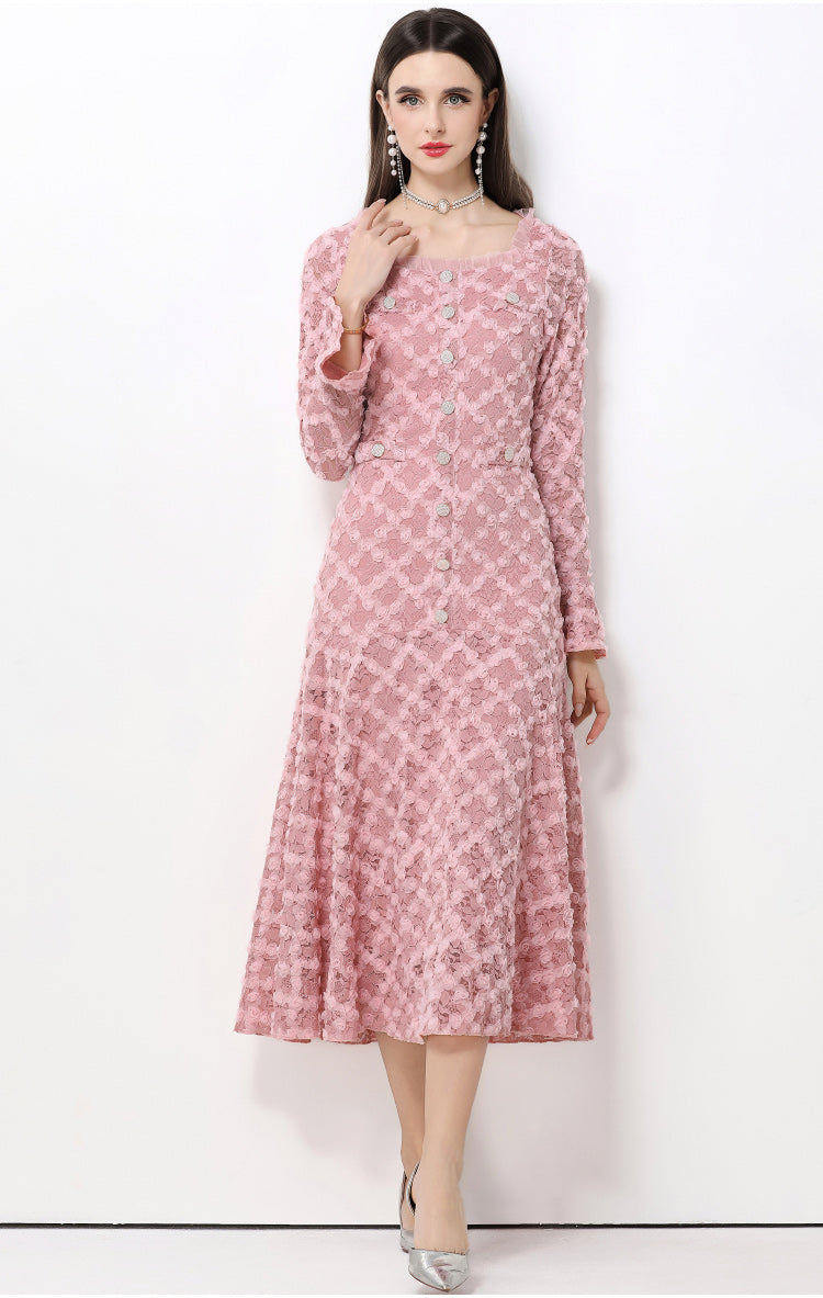 French-style light luxury-Inspired lace dress with heavy-duty 3D floral bell sleeves and a full skirt.