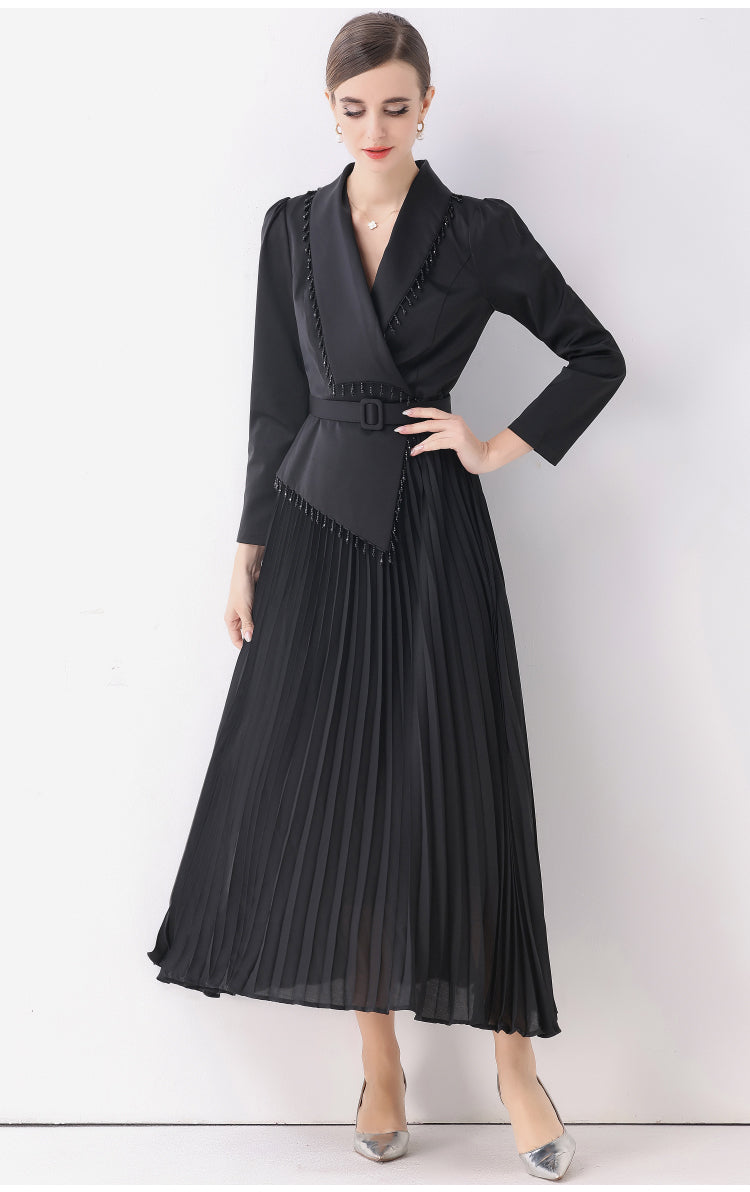 Black Floral Lace & Accordion Pleat Evening Dress