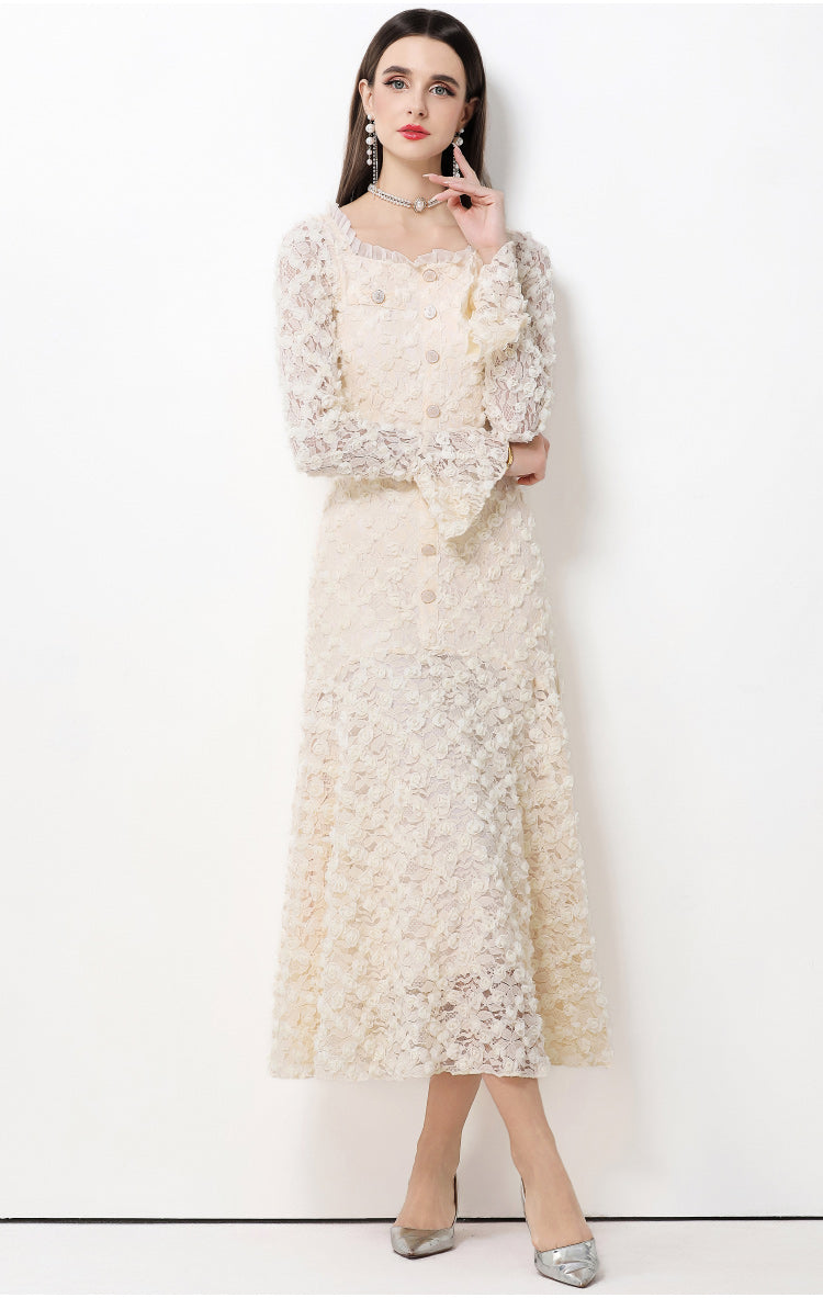French-style light luxury-Inspired lace dress with heavy-duty 3D floral bell sleeves and a full skirt