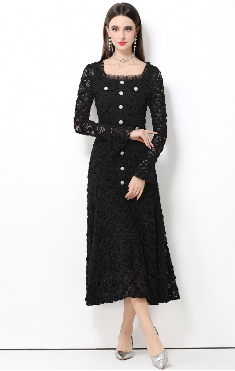French-style light luxury-Inspired lace dress with heavy-duty 3D floral bell sleeves and a full skirt.