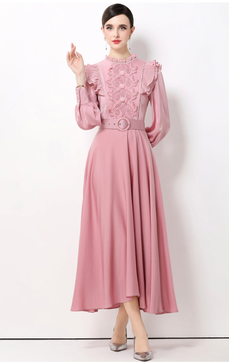 Enchanted Pink Orchid Belted A-line Gown-High Neck Victorian Style