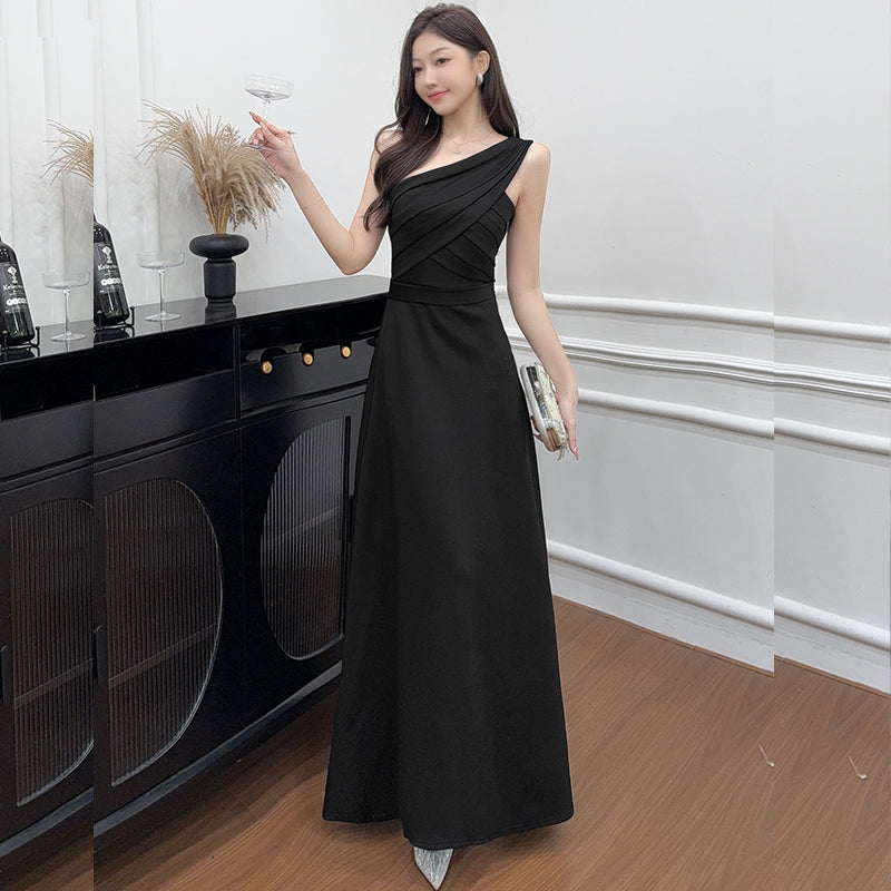 One-Shoulder Ruched Pleat Maxi Gown