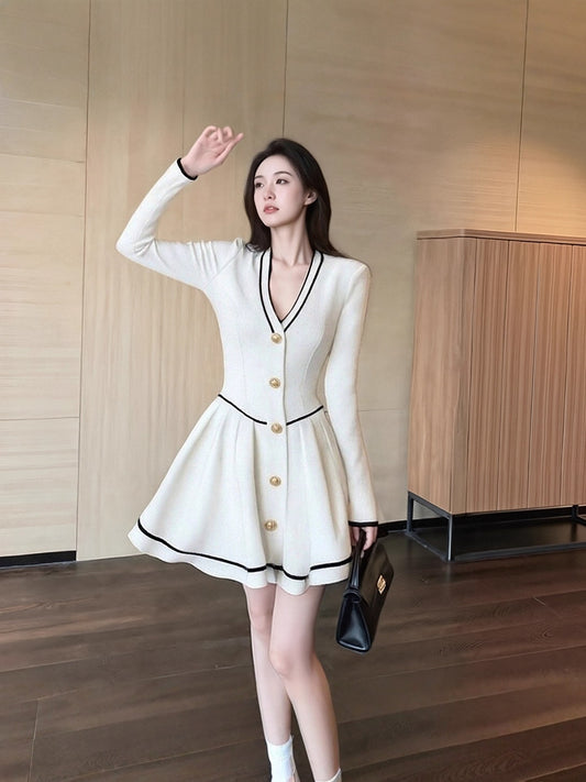 French Vintage V-Neck Knit Mini Dress With Gold Button Accents