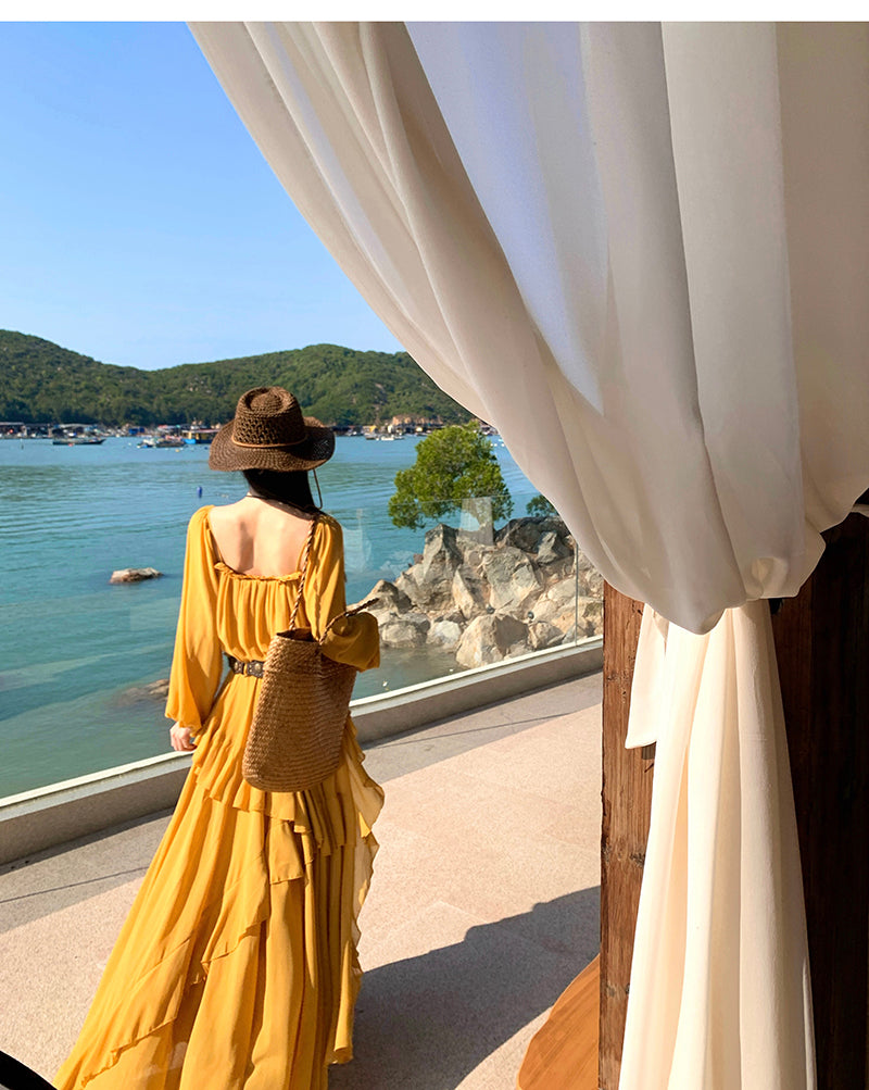 Wild Honey Yellow Boho-Chic Tiered- Long-Sleeve Maxi Dress