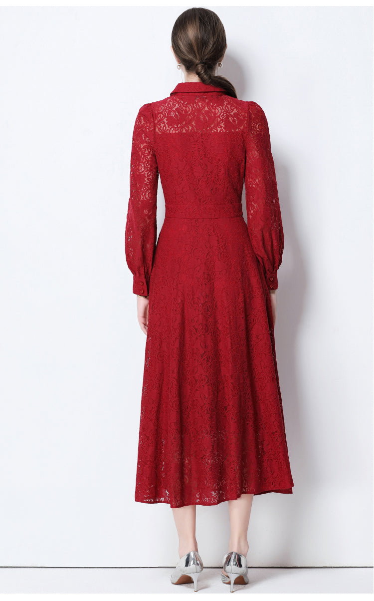 Maroon Floral Lace Midi Dress With Oversized Satin Bow
