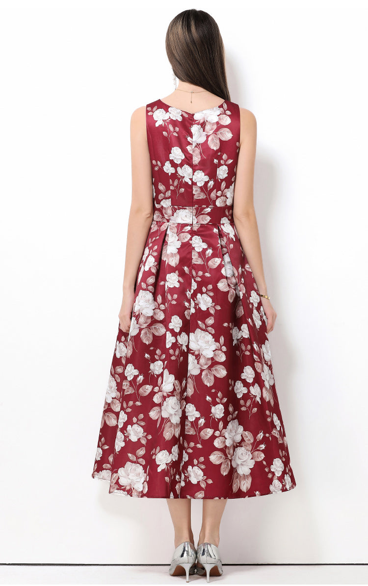 Burgundy Floral Sleeveless Midi Fit And Flare Dress