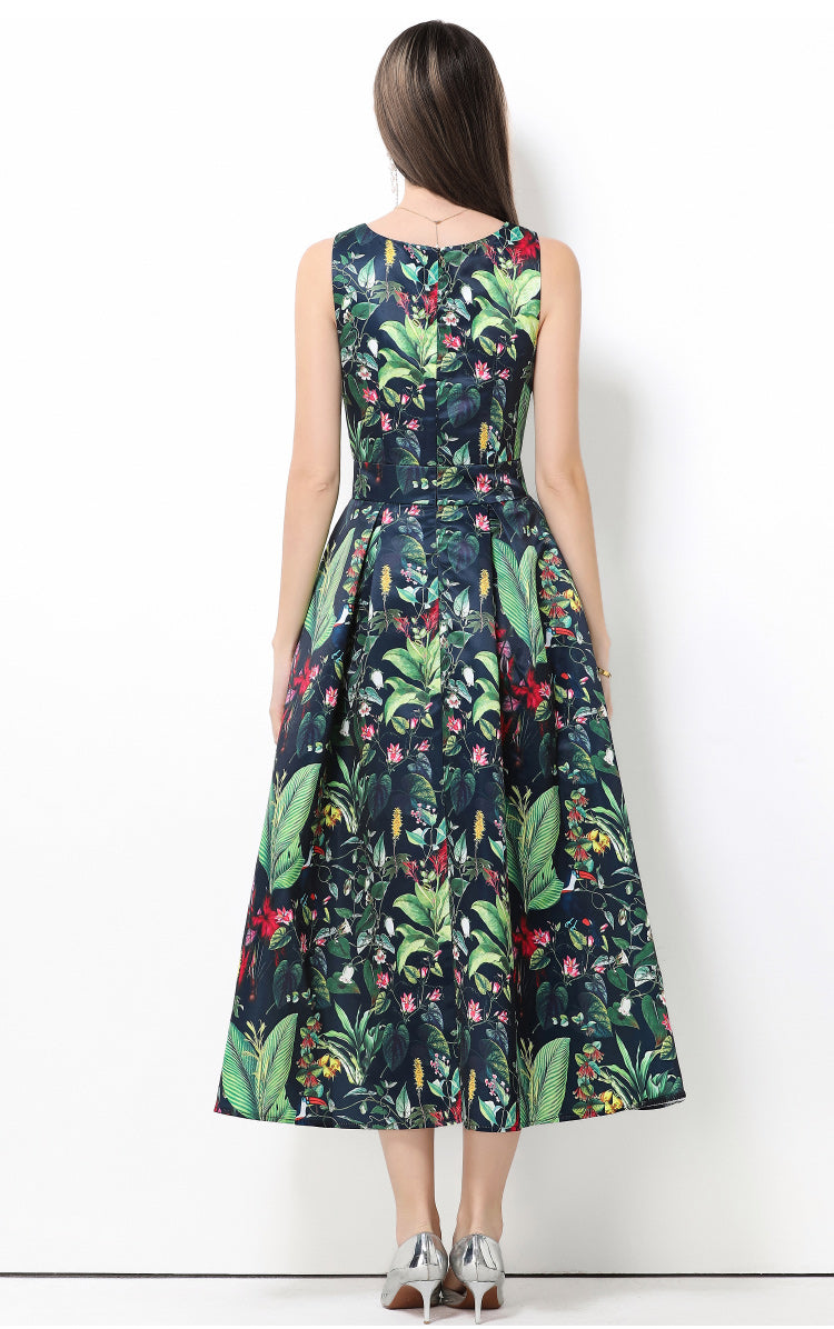 Botanical Print Jacquard A-Line Midi Dress