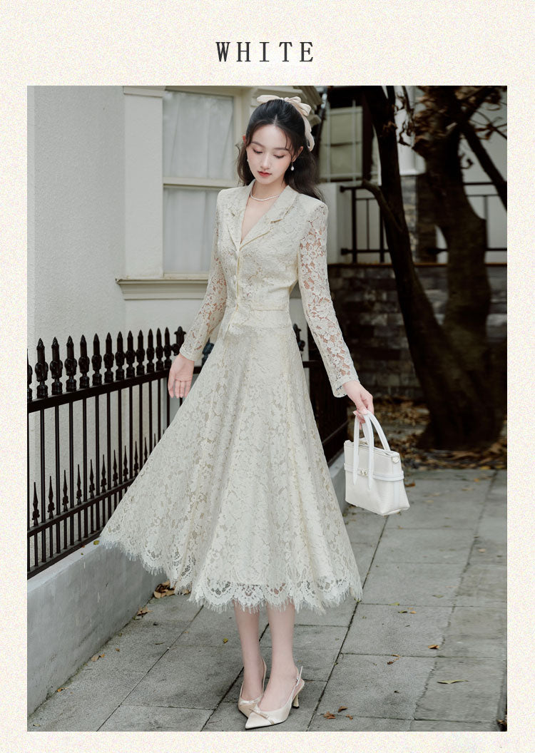 Victoria Lace Blazer & Eyelash Hem Midi Skirt Set