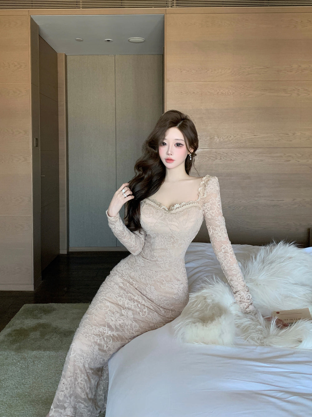 Elegant Floor - Length Lace Gown - Sophisticated Square Neck Evening Maxi Dress