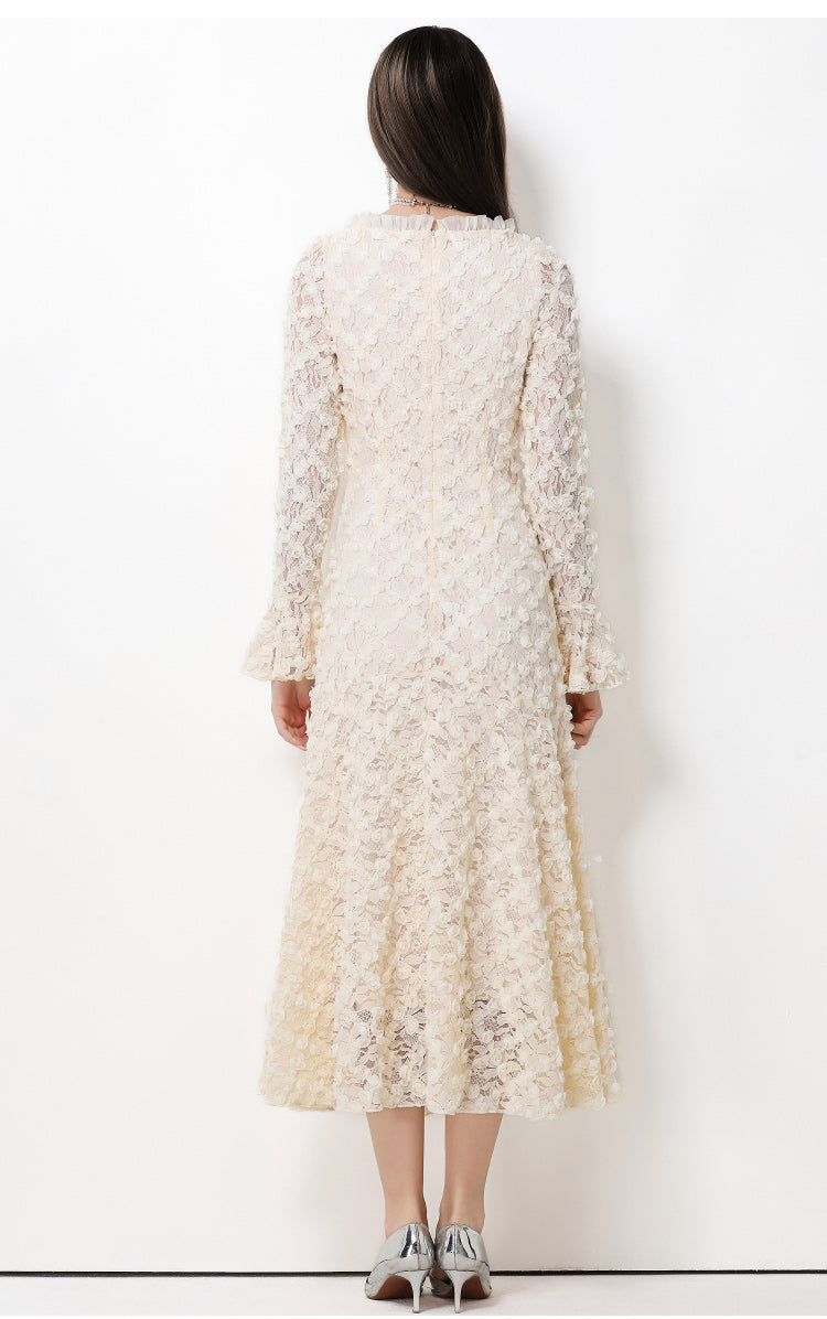 French-style light luxury-Inspired lace dress with heavy-duty 3D floral bell sleeves and a full skirt