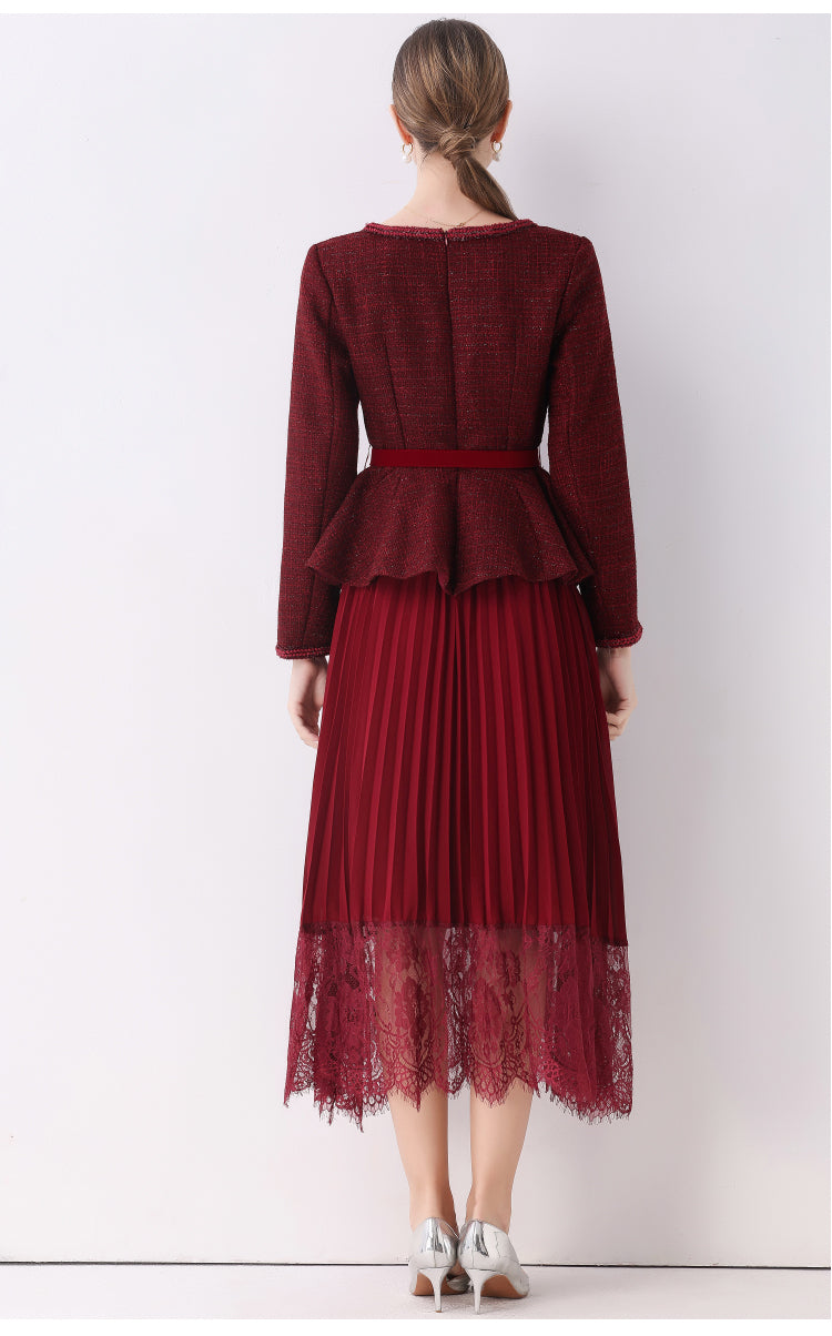 Claret Red Peplum Blazer Fake-two Pleated Lace Midi Set