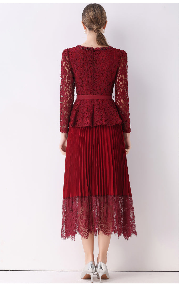 Maroon Lace Peplum Midi Fake-two Dress With Pleated Lace-Trim Skirt