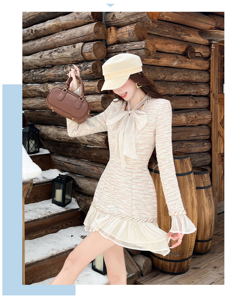 Vintage- Style Tweed Mini Dress With Bow Neckline And Chiffon Ruffle Trim