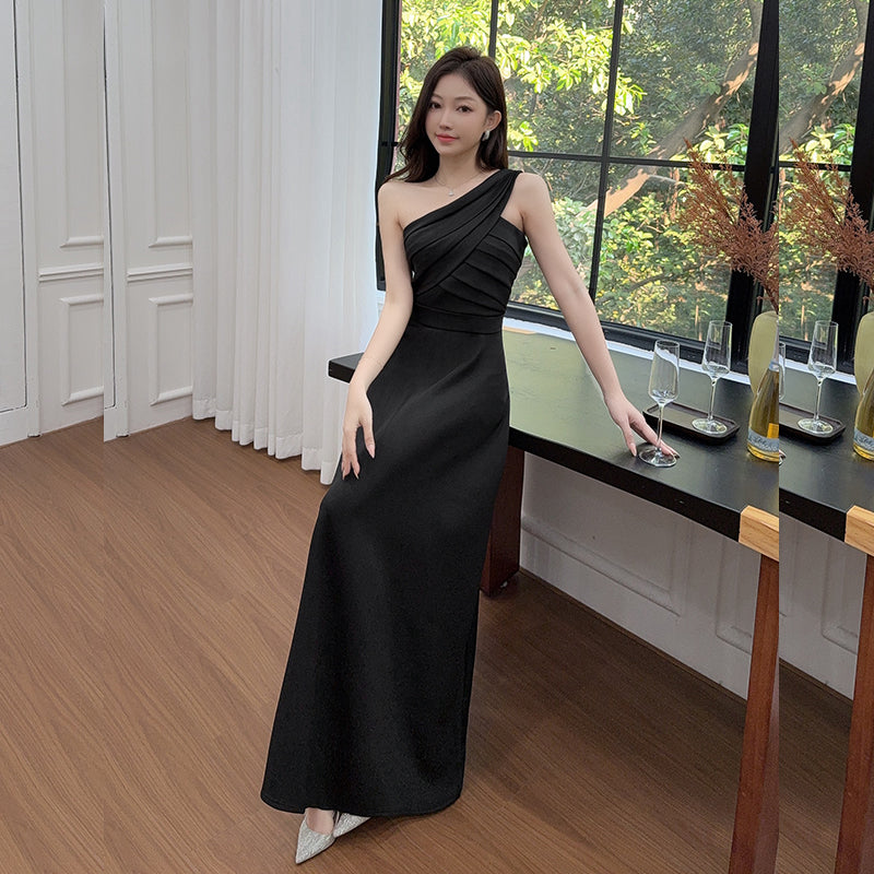 One-Shoulder Ruched Pleat Maxi Gown
