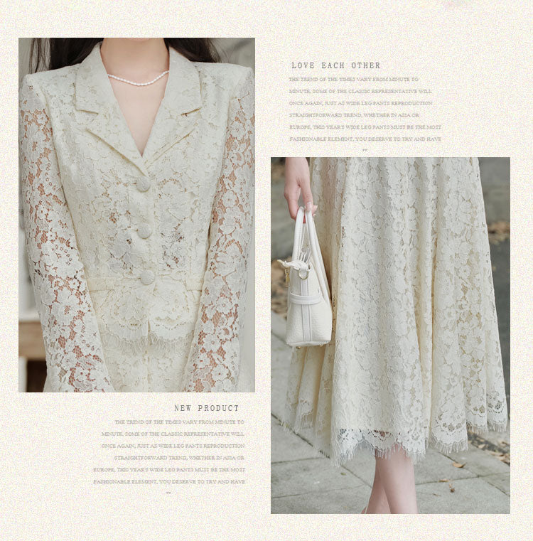 Victoria Lace Blazer & Eyelash Hem Midi Skirt Set