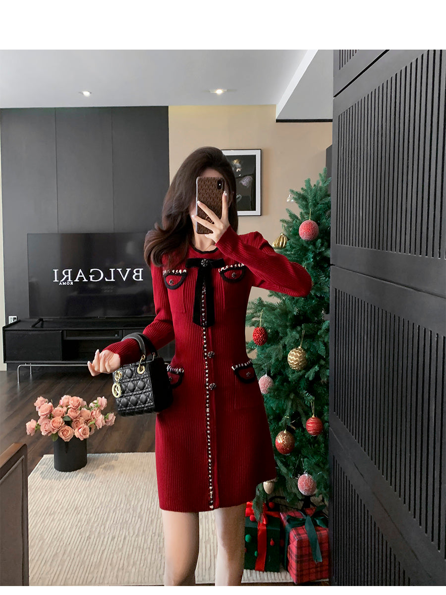 Long Sleeve Button- Down Knit Dress In Crimson
