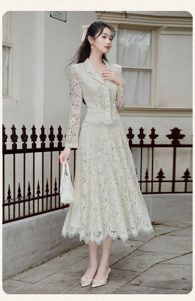 Victoria Lace Blazer & Eyelash Hem Midi Skirt Set