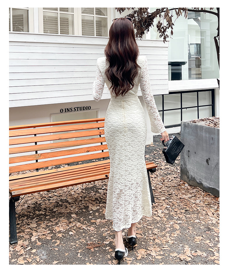 White Lace Scalloped V-Neck Floral Lace Mermaid Dress With Long Sleeves