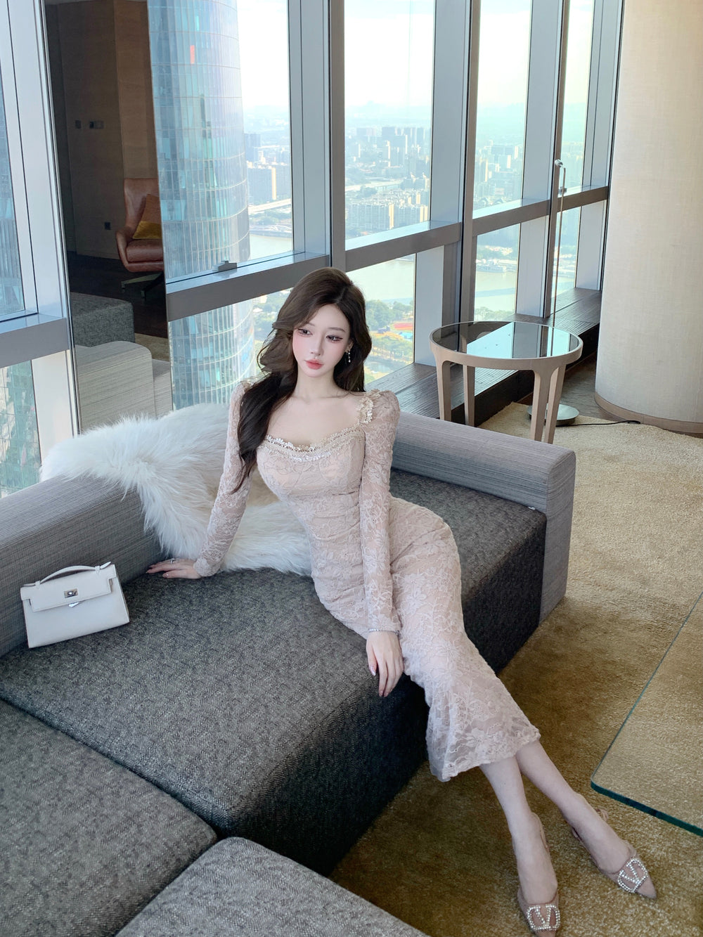 Elegant Floor - Length Lace Gown - Sophisticated Square Neck Evening Maxi Dress