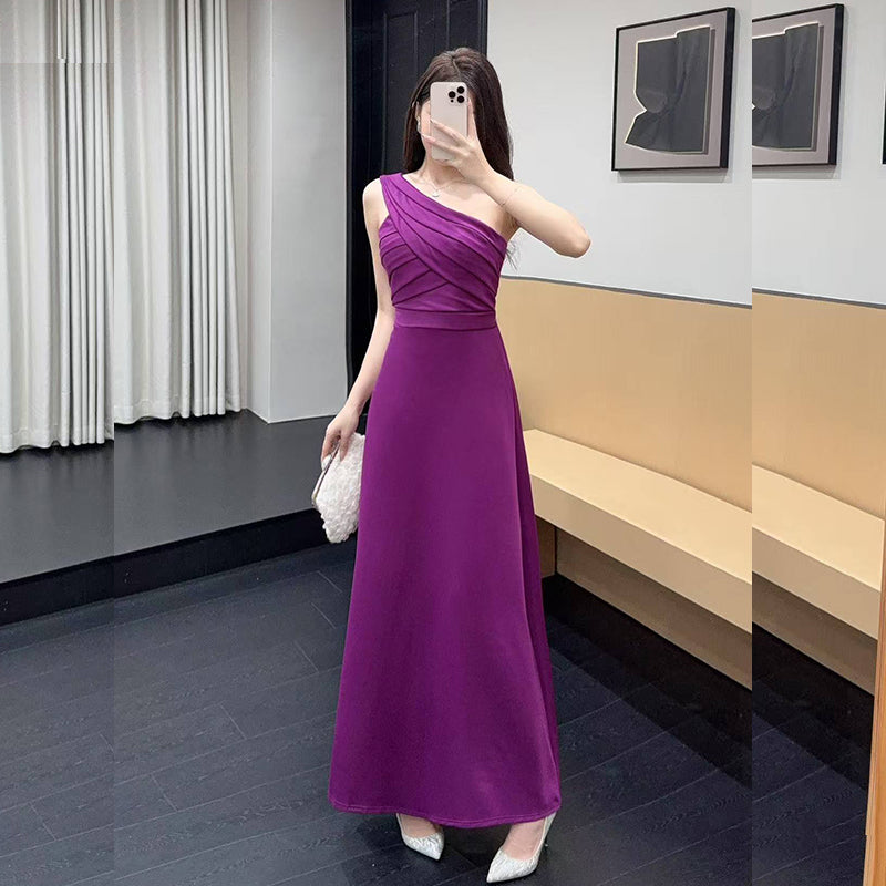 One-Shoulder Ruched Pleat Maxi Gown