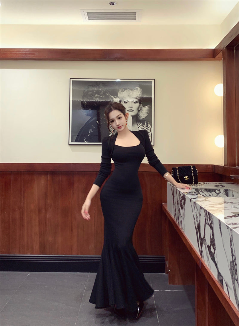 Elegant Black Knit Mermaid Maxi Dress