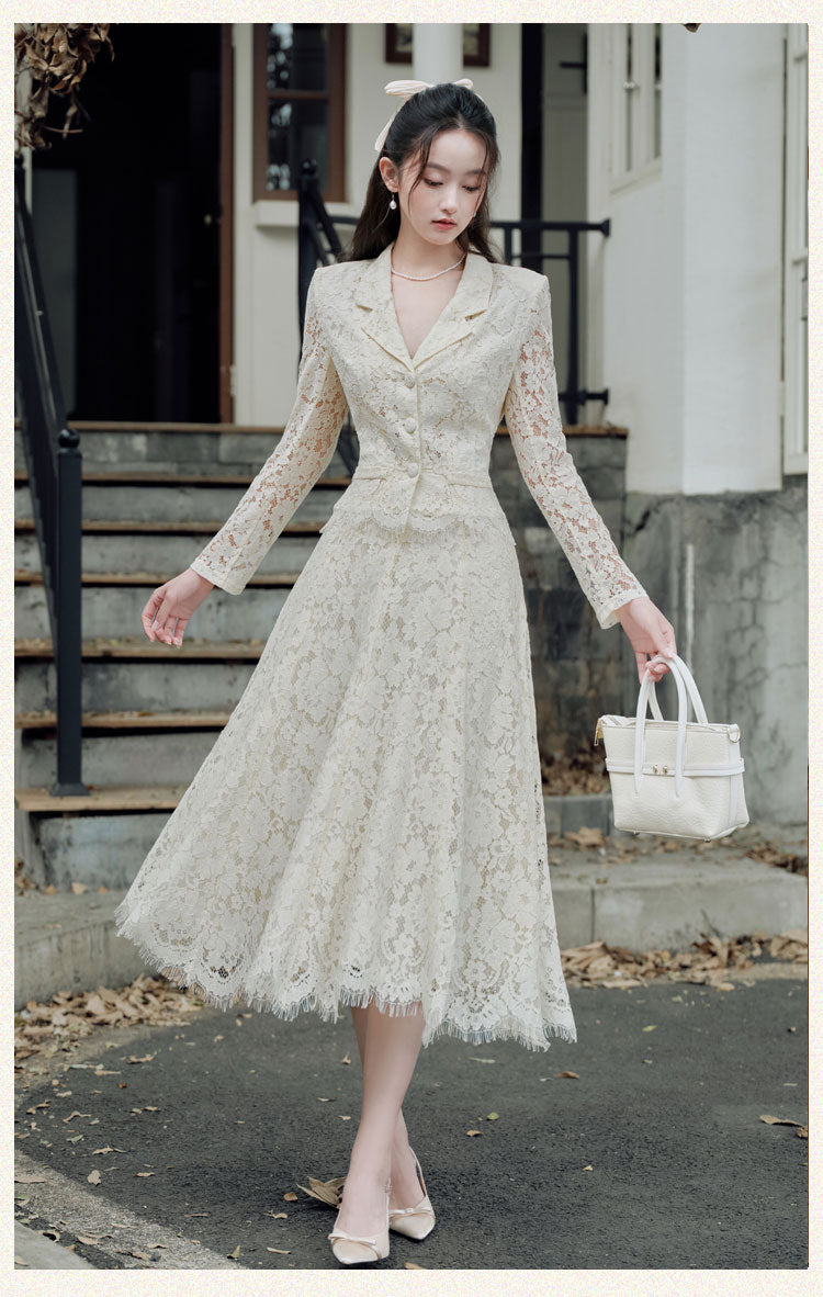Victoria Lace Blazer & Eyelash Hem Midi Skirt Set