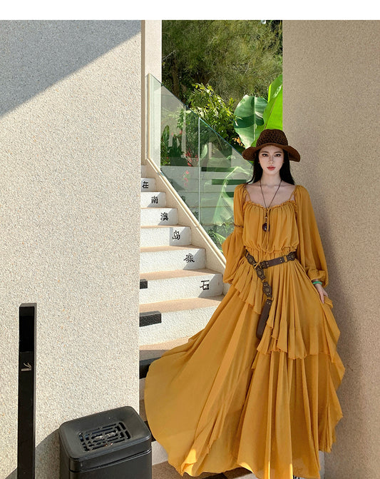 Wild Honey Yellow Boho-Chic Tiered- Long-Sleeve Maxi Dress