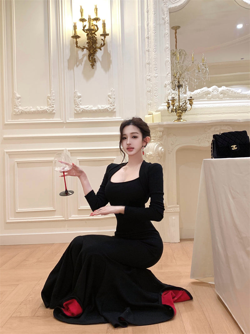 Elegant Black Knit Mermaid Maxi Dress