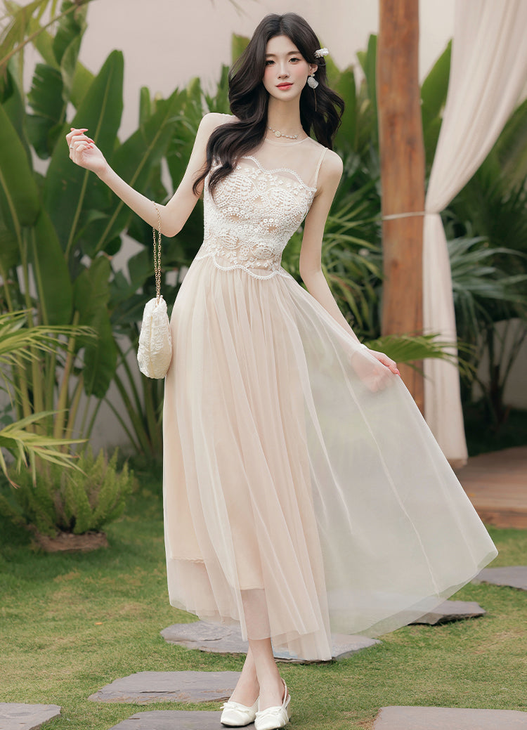 Nude Tulle Dress With Floral Lace Bodice