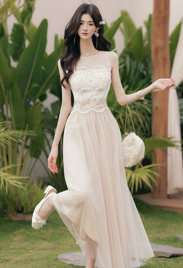 Nude Tulle Dress With Floral Lace Bodice