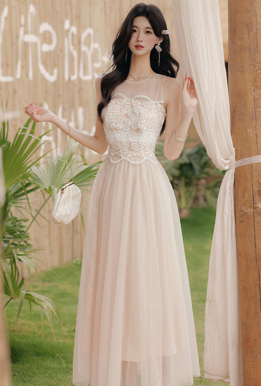 Nude Tulle Dress With Floral Lace Bodice