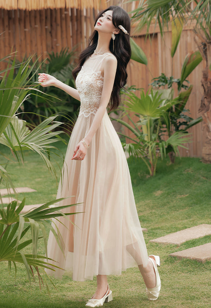 Nude Tulle Dress With Floral Lace Bodice