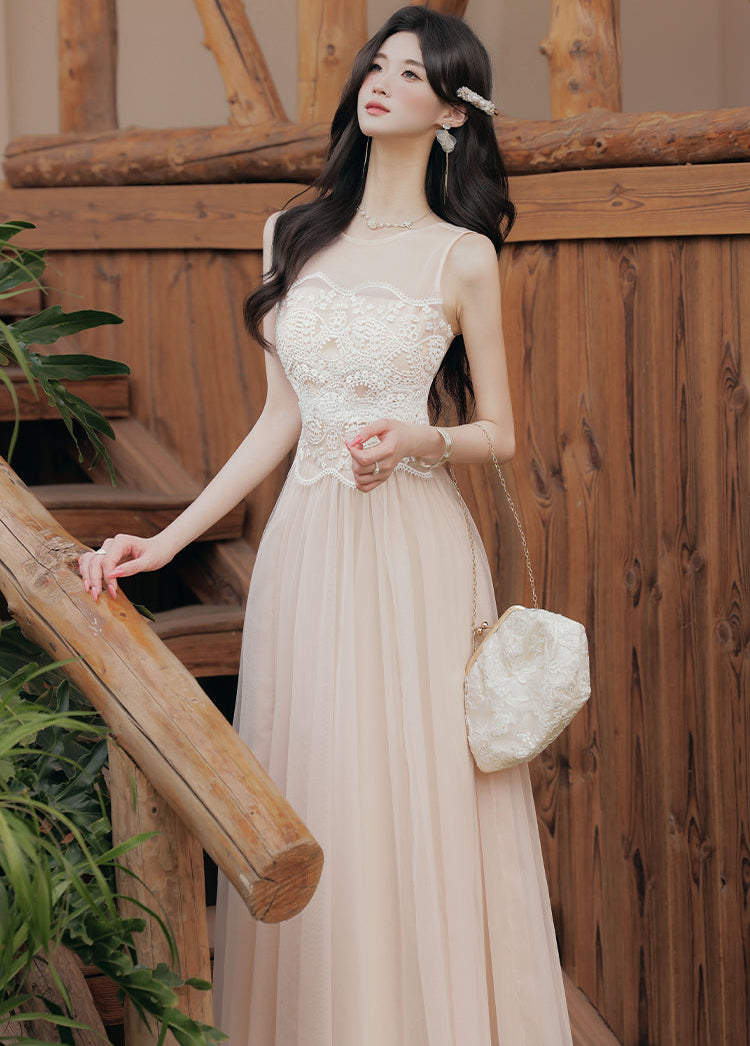 Nude Tulle Dress With Floral Lace Bodice