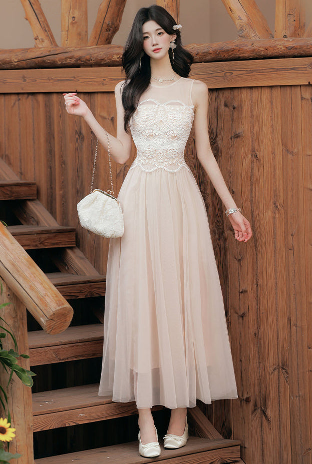 Nude Tulle Dress With Floral Lace Bodice