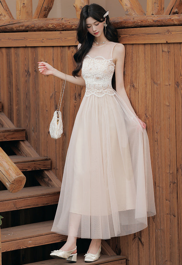 Nude Tulle Dress With Floral Lace Bodice
