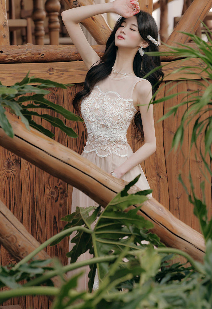 Nude Tulle Dress With Floral Lace Bodice