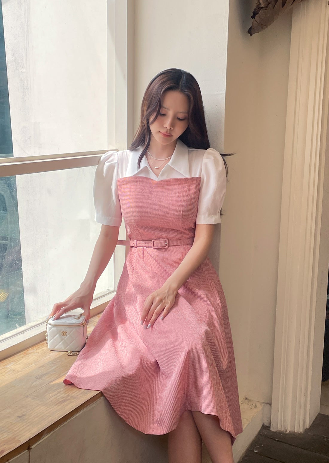 Peony Pink A-Line Dress with Layered Collar