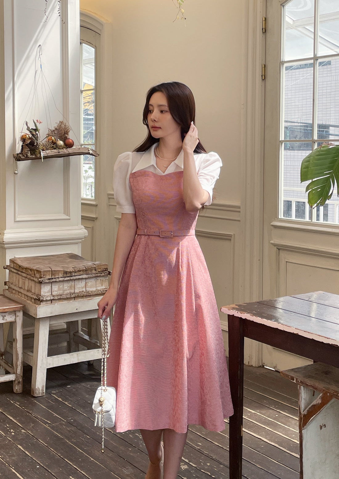 Peony Pink A-Line Dress with Layered Collar