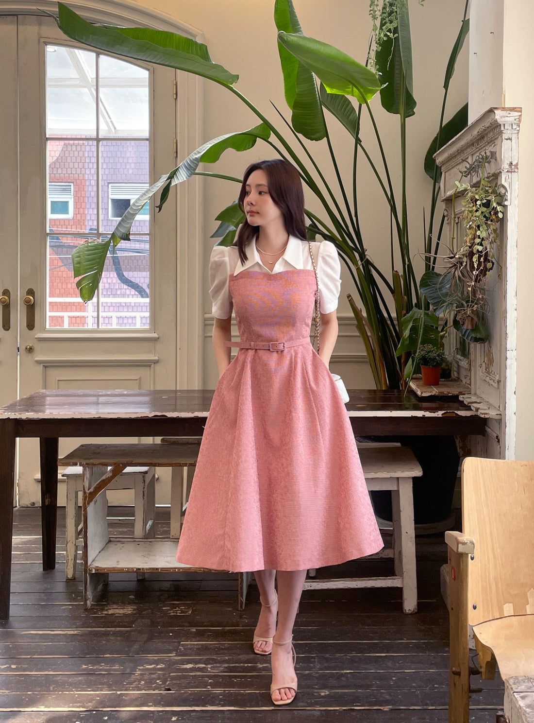 Peony Pink A-Line Dress with Layered Collar