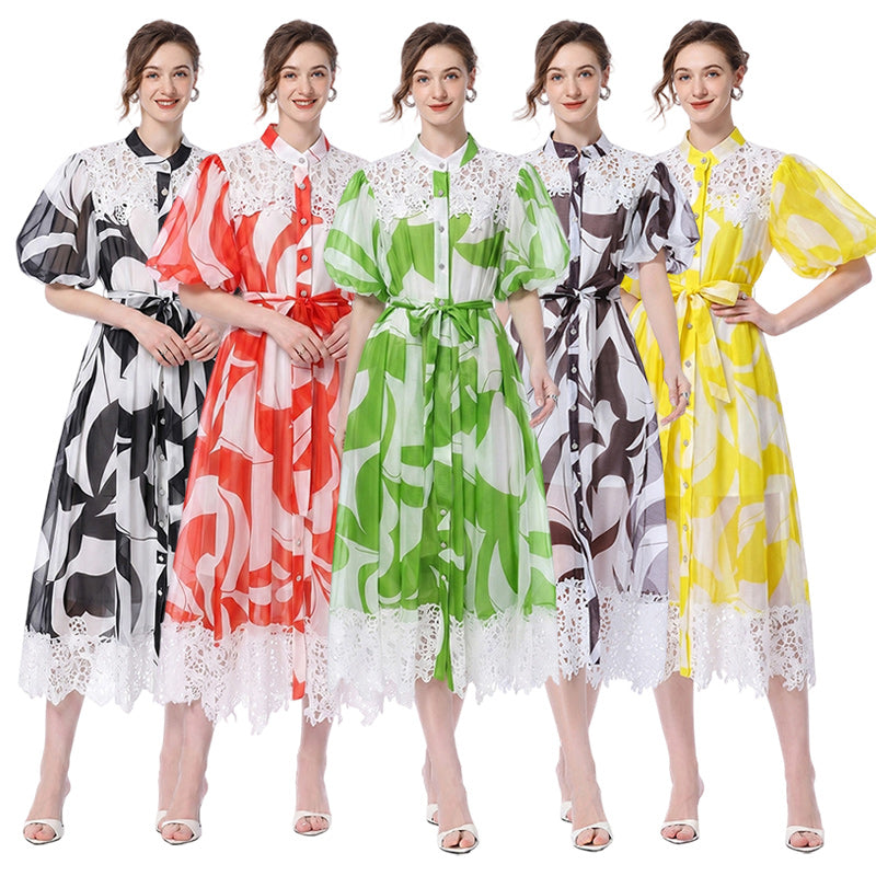 Abstract Print Lace-Trim Midi Shirt Dress with Puff Sleeves